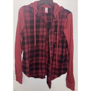 No Boundries Flannel Shirt Red &. Black Checked Size LG 11/13 Women’s  Hoodie.